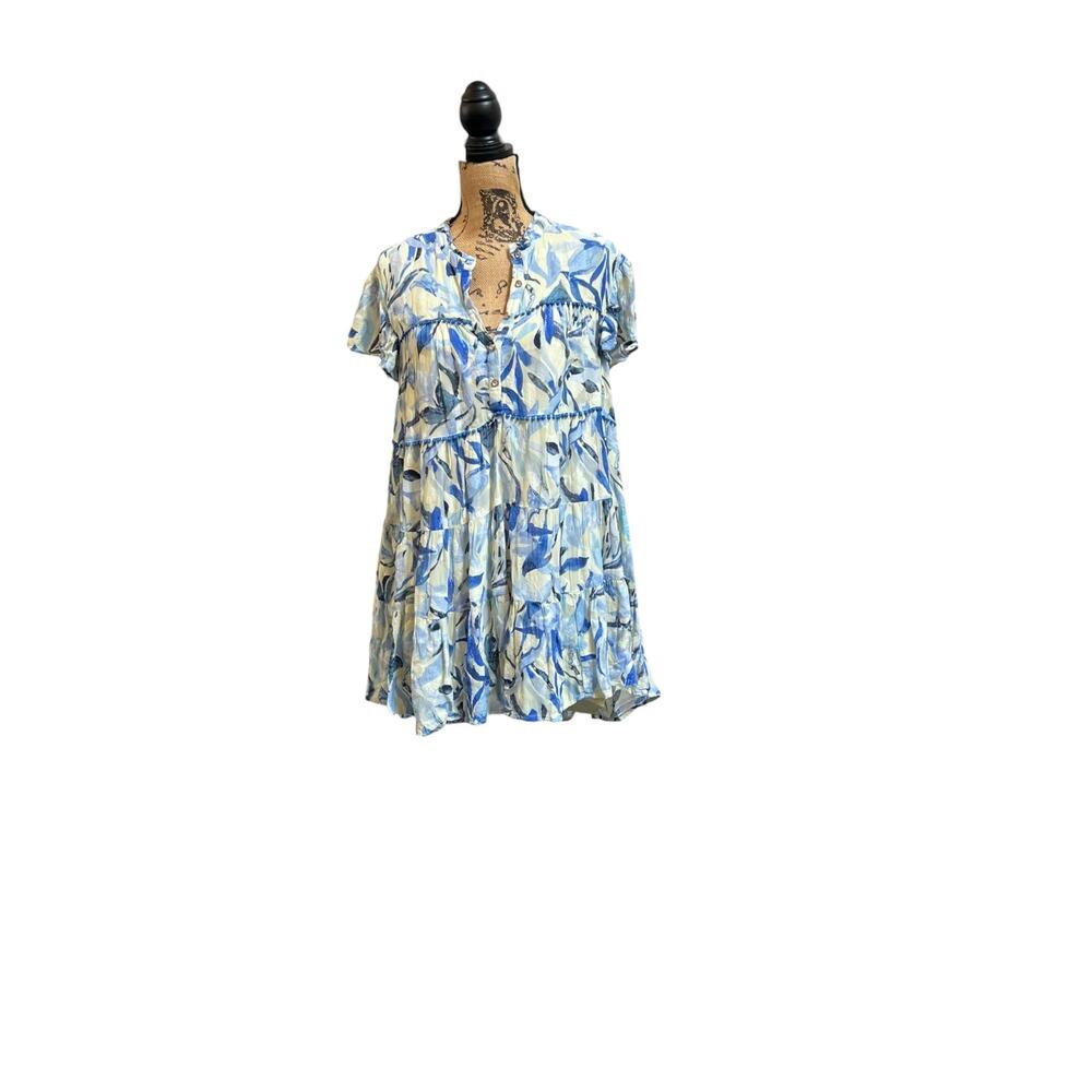 Rahi Blue Floral Print Short Sleeve Button Front Babydoll Blouse Top